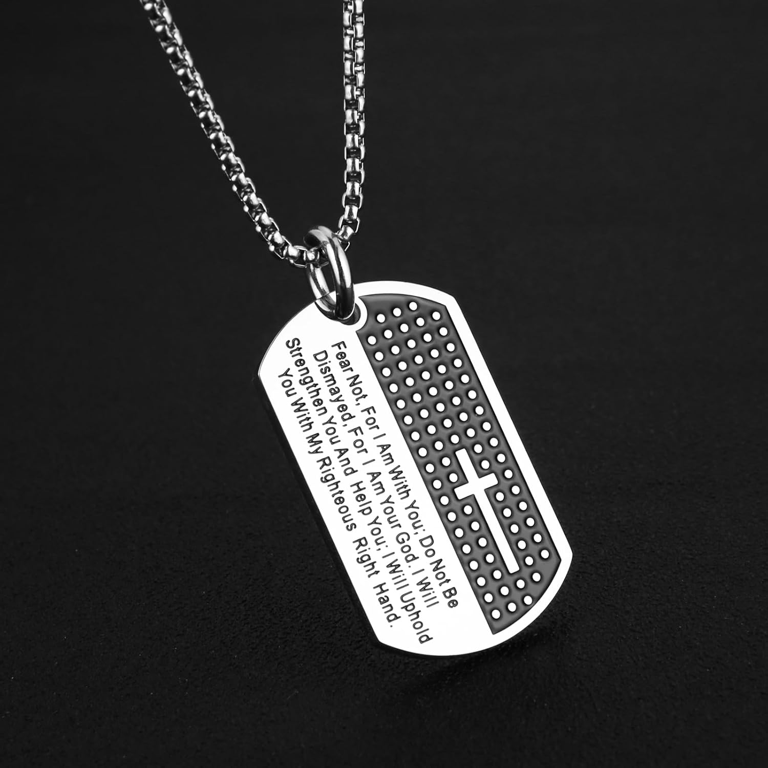 HZMAN Isaiah 41:10 Jewelry, Stainless Steel Cross Dog Tag Necklace Strength Bible Verse (Tag Silver) - Image 3