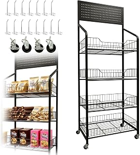 4 Tier Retail Candy Display Rack Metal Storage Shelf with Wheels & 15 Hooks Concession Candy Snack Display Racks Sturdy and Stable Chip Shelf Rack for Stores, Kitchen, Office (4 Tier Black 50cm)