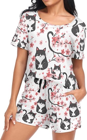 Womens Pajama Sets Short Sleeve Cat Cherry Blossoms 2 Piece Lounge Set
