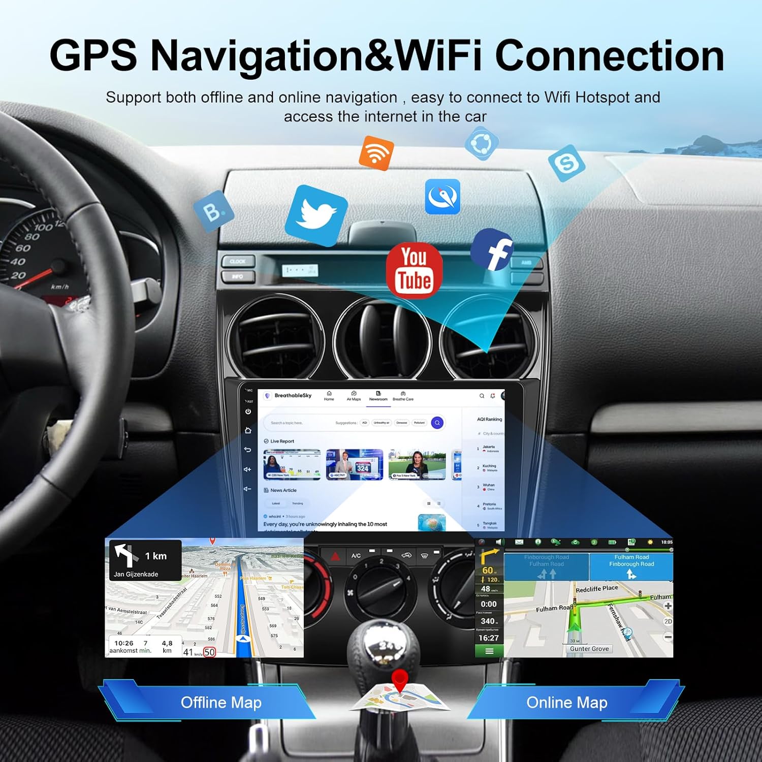 [2+64G] Android Car Stereo for Mazda 6 2002-2008 - Wireless Carplay & Android Auto, 9 Inch HD Touch Screen Aftermarket Radio - WiFi, GPS Navigation, Mirror Link, SWC + AHD Backup Camera + Canbus