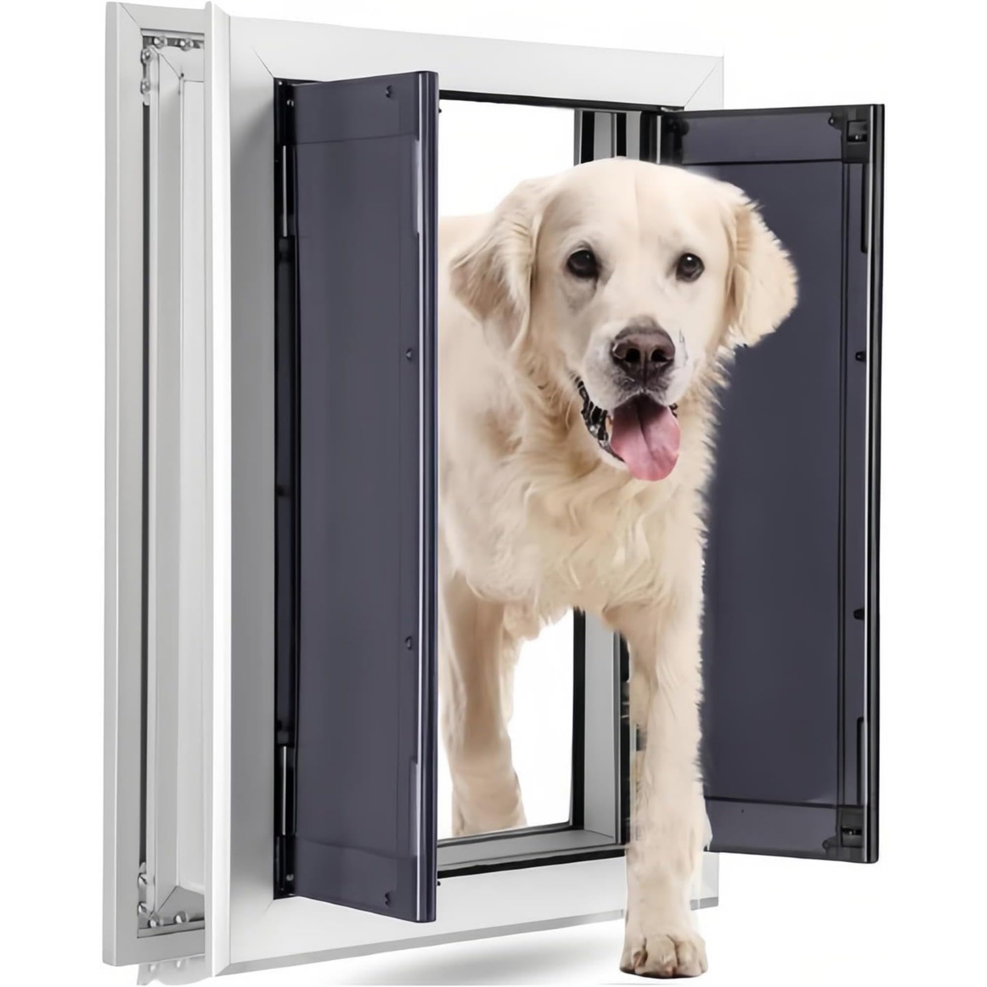 Aluminium Hundeklappe für große Hunde bis 45 kg, Hundetür groß mit 2 selbstschließenden Magnetklappen, Einschubplatte & Sicherheitsschloss, Wind- und regendicht für Tür & Wand