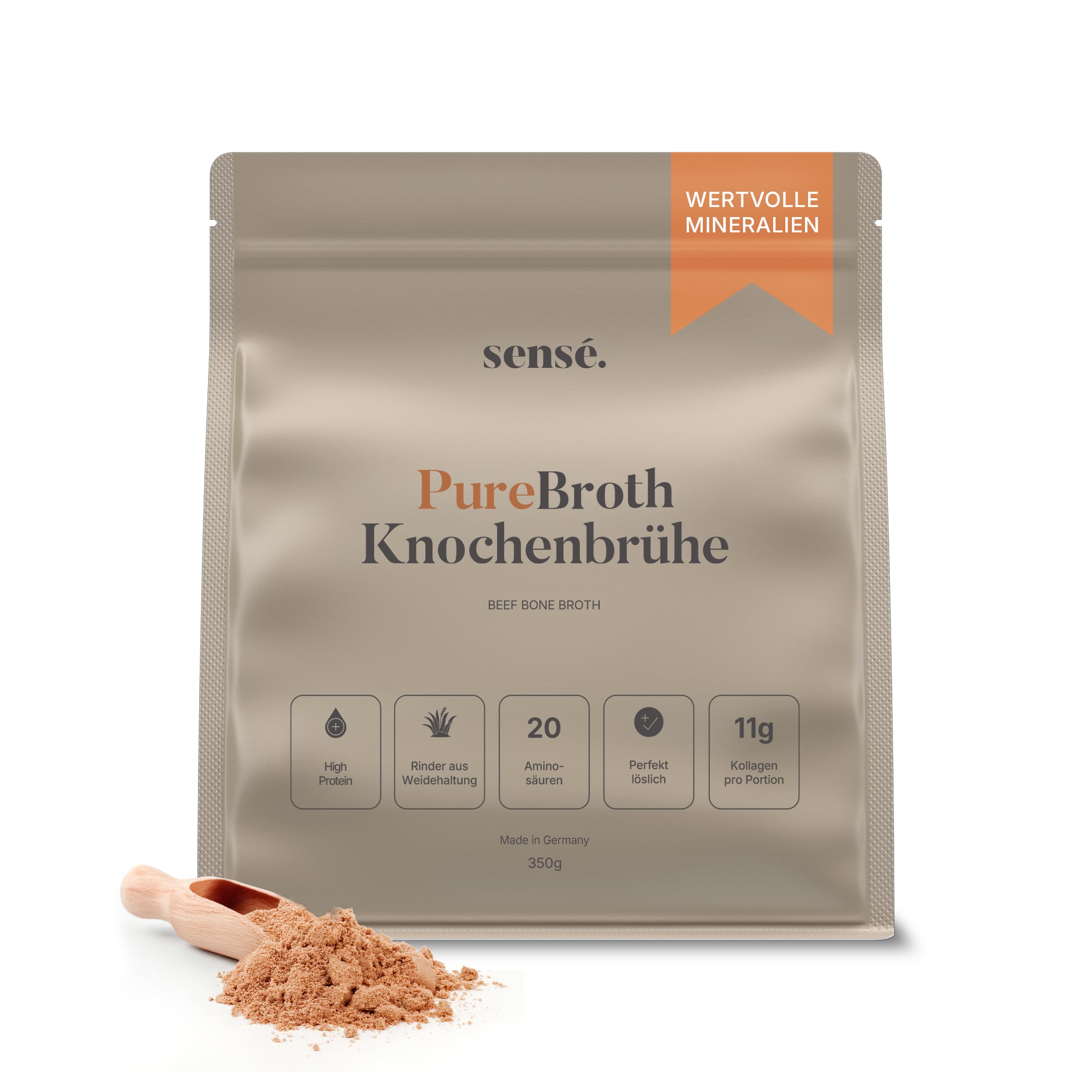 Sensé. Knochenbrühe Pulver vom Weiderind, aus Deutschland, Bioaktiv, 350g – Kollagen Typ 1,2 & 3 | Unterstützt Gelenke, Darm und Haut | hoher Proteingehalt | Leaky Gut, Keto | ohne Salz | Bone Broth