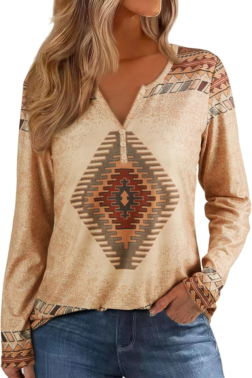 Bellelily Womens Long Sleeve T Shirts Aztec Cow Print Western Henley Tops Ladies Graphic Tees Casual V Neck Loose Fit Blouse