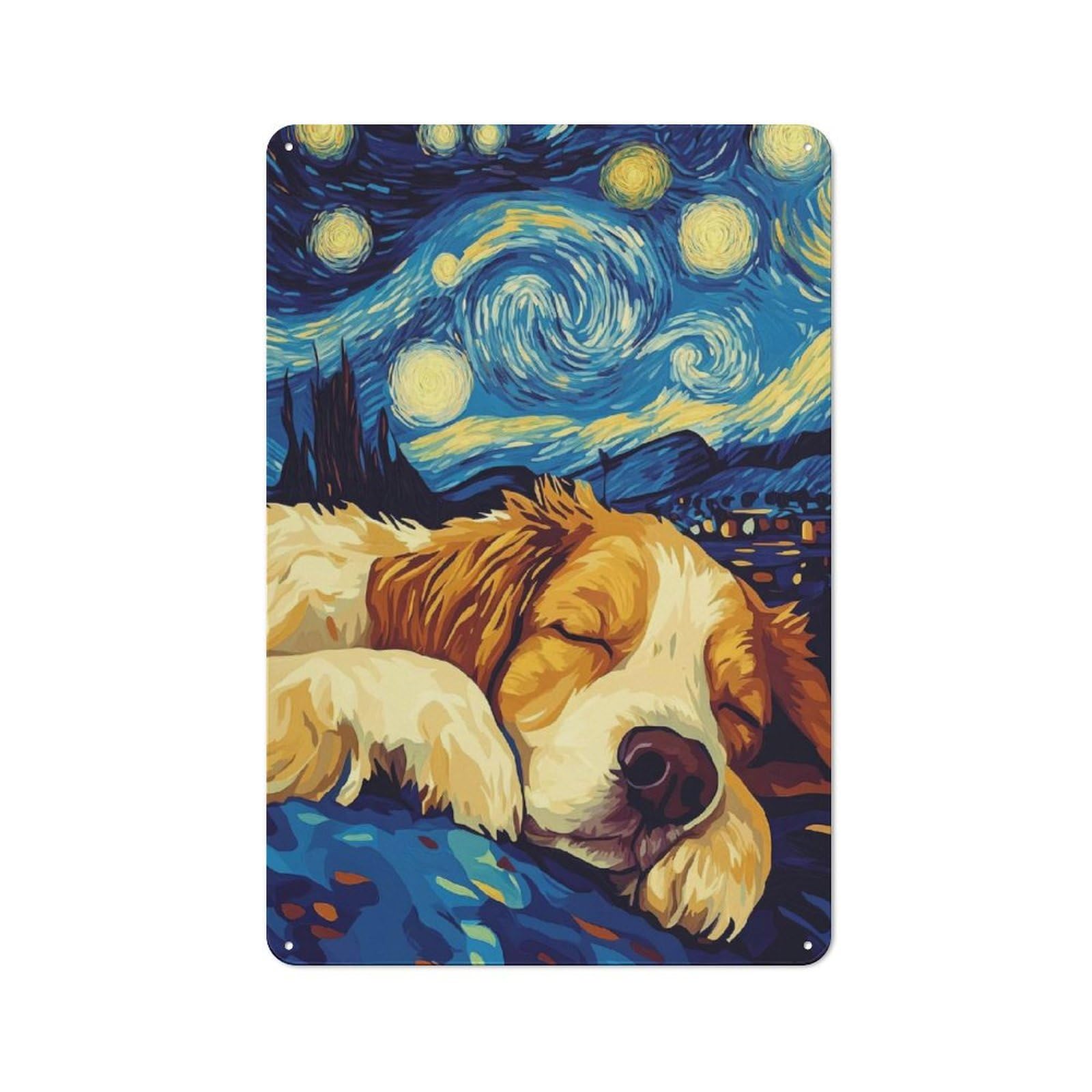 Junmoney Style-22 Tin Sign 30X20cm With Dog Sleeping Under Starry Night For Living Room Wall, Retro Decor, Autumn Wall Decor For Living Room Decor Lovers