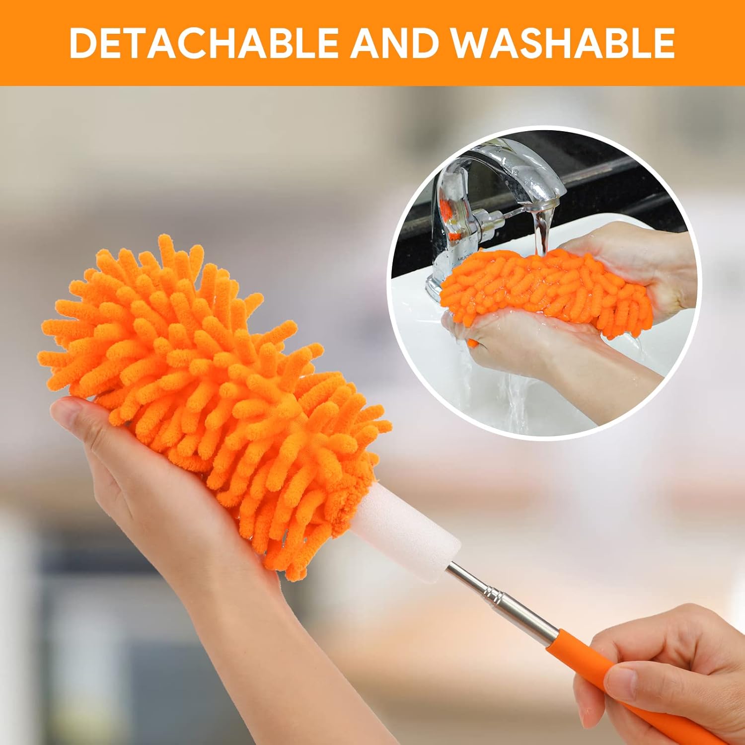 Microfiber Duster for Cleaning, DELUX Feather Duster Extendable Duster with Extra Long Pole, 2pcs Replaceable Brush Head, Washable Dusters for Cleaning Office, Car, Window, Furniture, Ceiling Fan : Health & Household