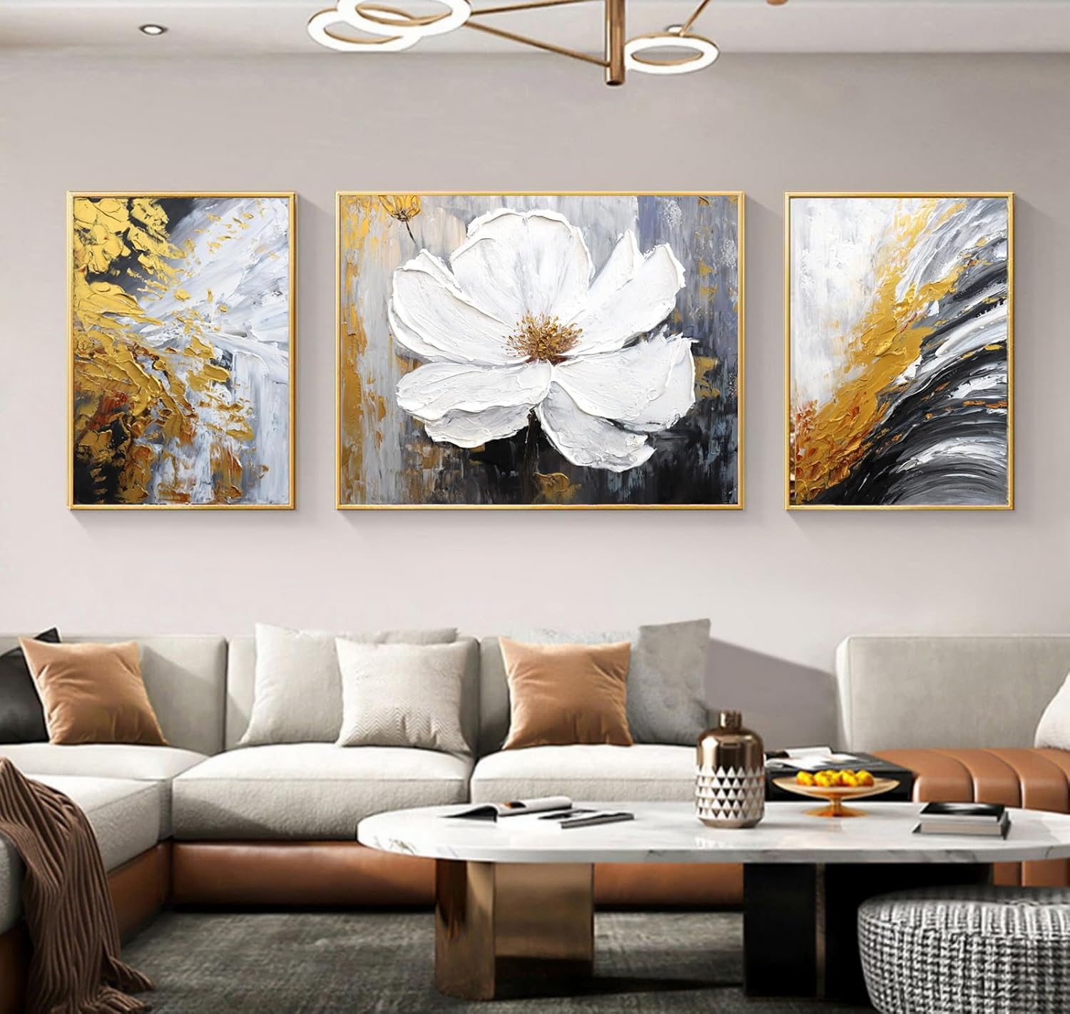 3 Pcs Hand-Painted Floral Canvas Wall Art for Living Room | 3D Textured Abstract…