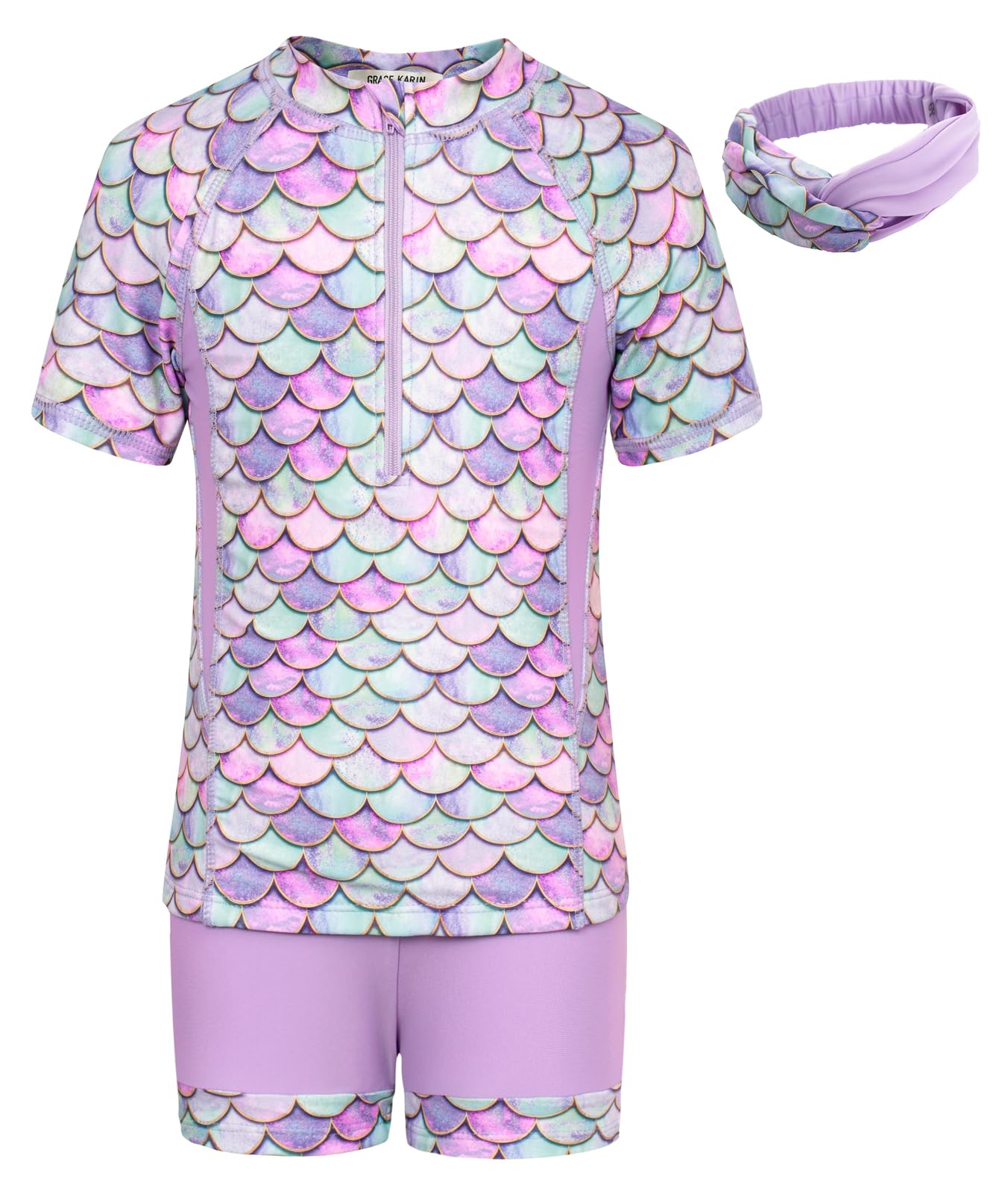 GRACE KARINTraje de baño para niña de tres piezas, camiseta de manga corta + bañador + diadema