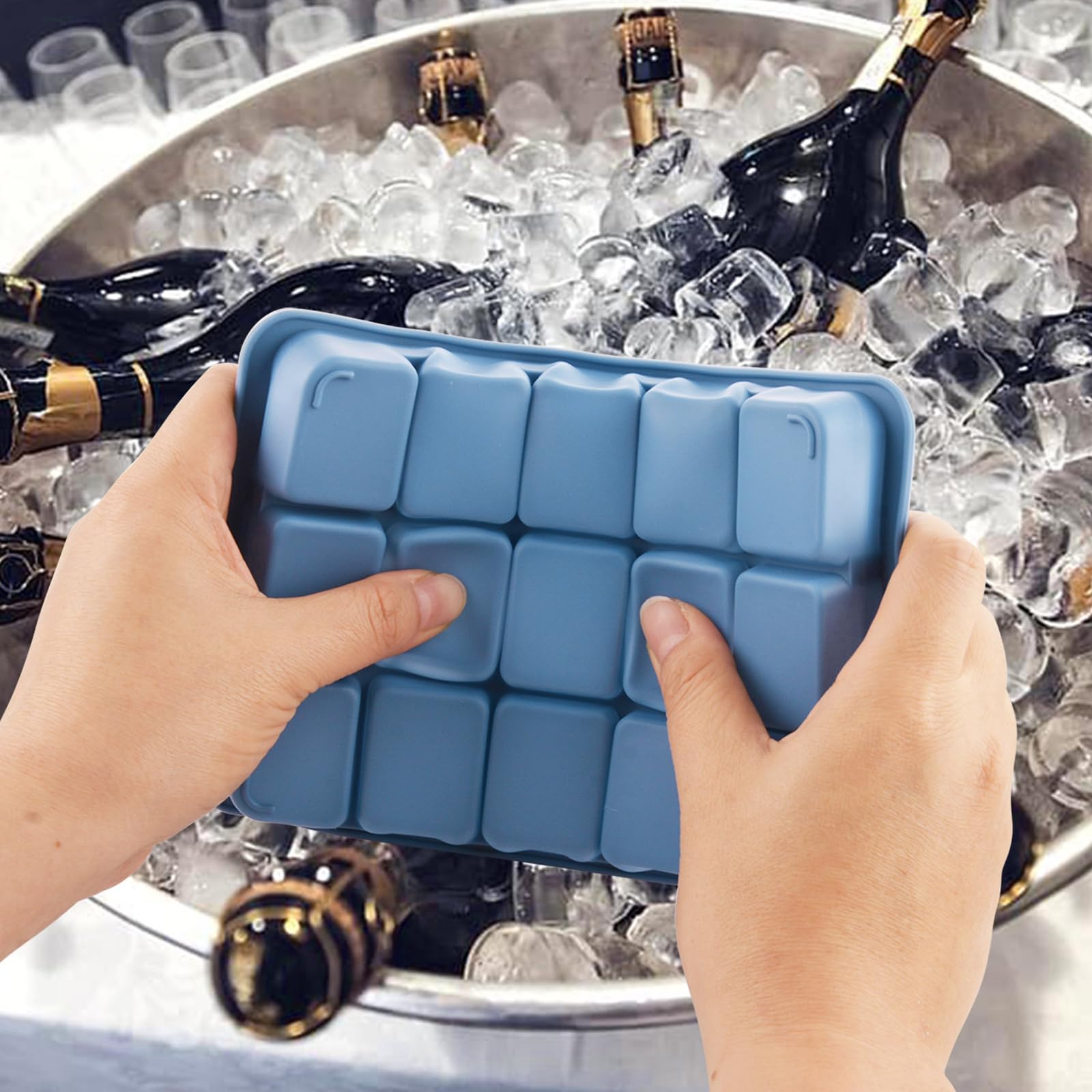 Eiswürfelformen mit Silikon-Deckel, 15 Gitter-Quadratische Eiswürfelform, leicht zu lösen, stapelbare Eiswürfelform, 2 Stück (grau, blau und grün)