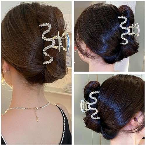Miniatura 5 de Pinzas para el Cabello con Diamantes de Imitación, Textention Pinzas de Garra con Perlas de 3.4 Pulgadas para Cabello Grueso, Sujetadores de