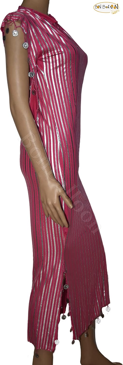 Egyptian Belly Dance Nancy Stretchy Folkloric Dancing Outfit Galabeya Oriental Abaya Dress Dresses Costume Baladi Saidi Fallahi Carnival Sequins Women (Fushia x Silver) Handmade Bellydance