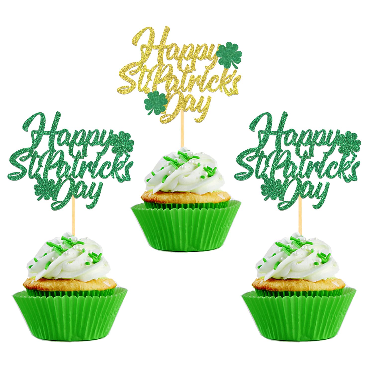 24 Pcs Happy St Patrick's Day Cupcake Toppers, Four Leaf Clover Shamrock Cupcake Toppers for St Patrick's Day Party Decorations (Happy)
