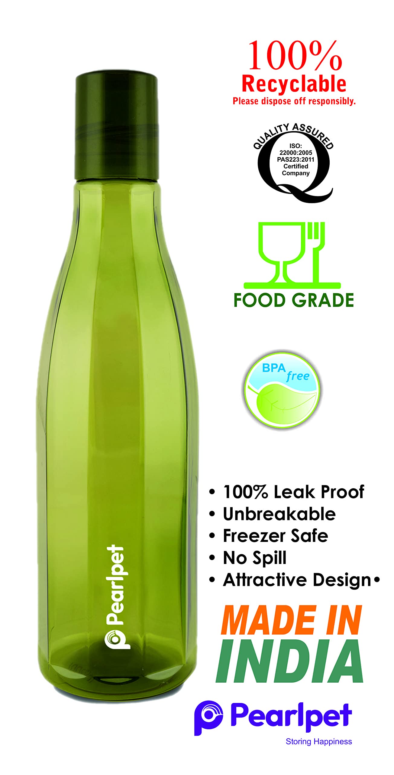 PEARLPET Azzure BPA-free Plastic Water Bottle Set of 6 Pcs, Each 1000ml, Green 4