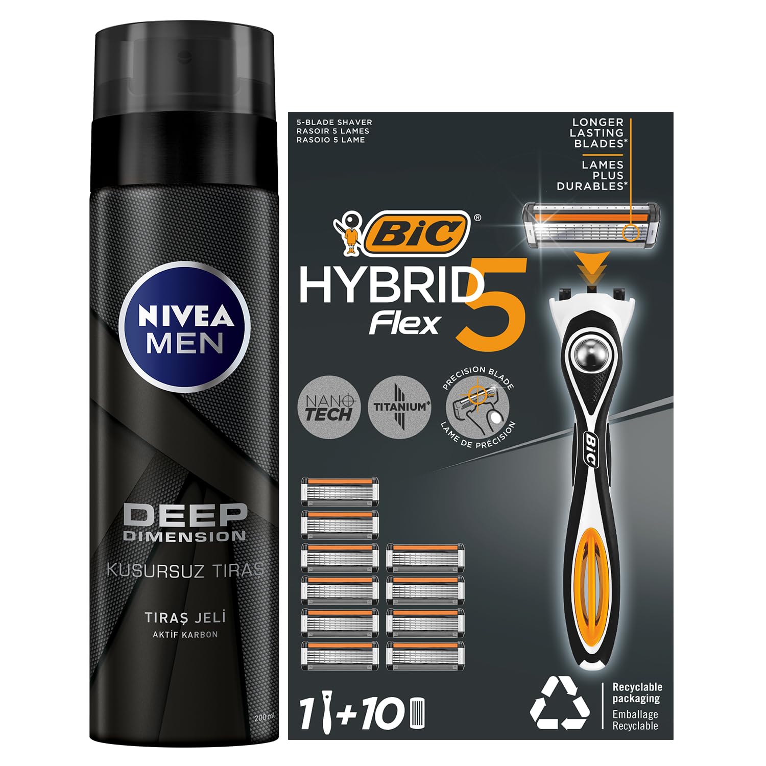 NIVEA MEN Erkek Tıraş Jeli Deep Dimension 200ml + BIC Flex 5 Hybrid Tıraş Bıçağı Seti 1 Gövde + 10 Yedek Başlık 5 Bıçaklı Erkek Tıraş Bıçağı