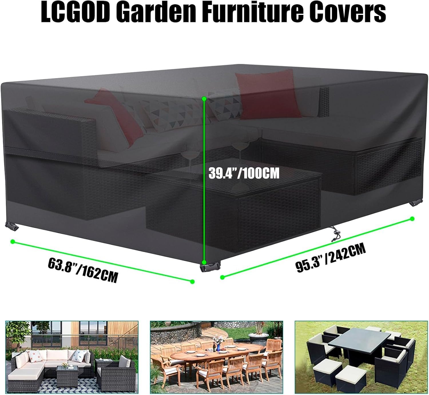 LCGOD Copertura per Mobili da Giardino, Nero Copritavolo Esterno Impermeabile, Rettangolari in tessuto Oxford 600D resistenti al vento e anti-UV Copertura Tavolo Esterno (242 x 162 x 100 cm)