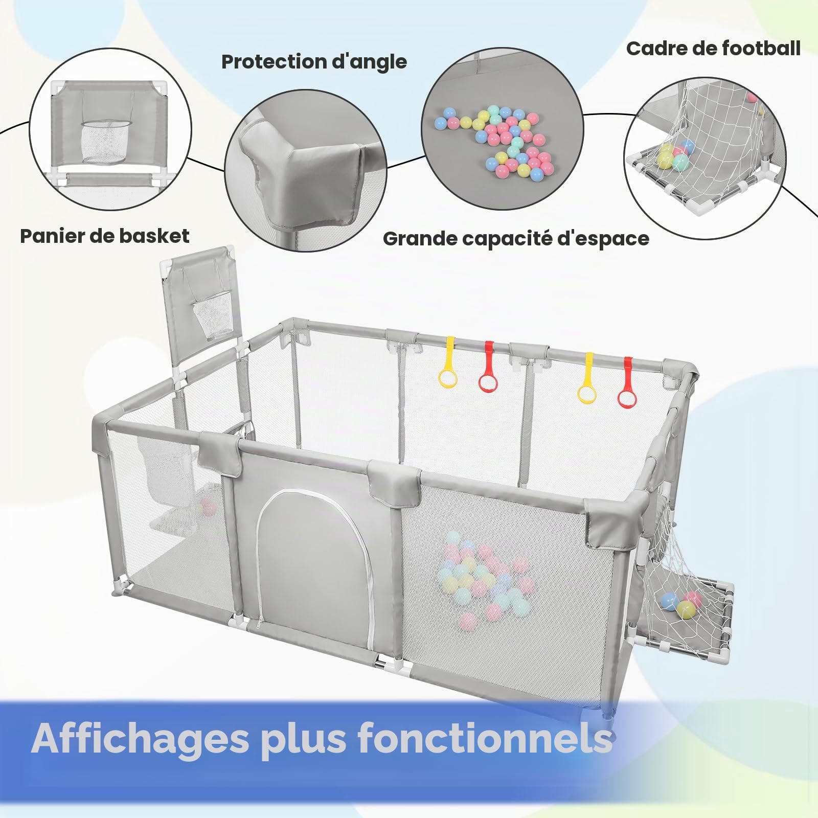 OHMG Parc Bébé,180x120cm,d'Activité pour Enfants avec Base,Modulable,Pliable,Grand parc pour enfant en bas âge Avec Porte Zippée,50 Balles,Basketball Rack,4 Ventouses (180 * 120 * 66cm-Gris clair)