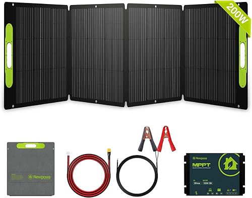 Newpowa Kit de panel solar portátil de 200 W con funda de soporte ajustable, panel plegable de 200 vatios y 12 voltios+controlador MPPT de 20