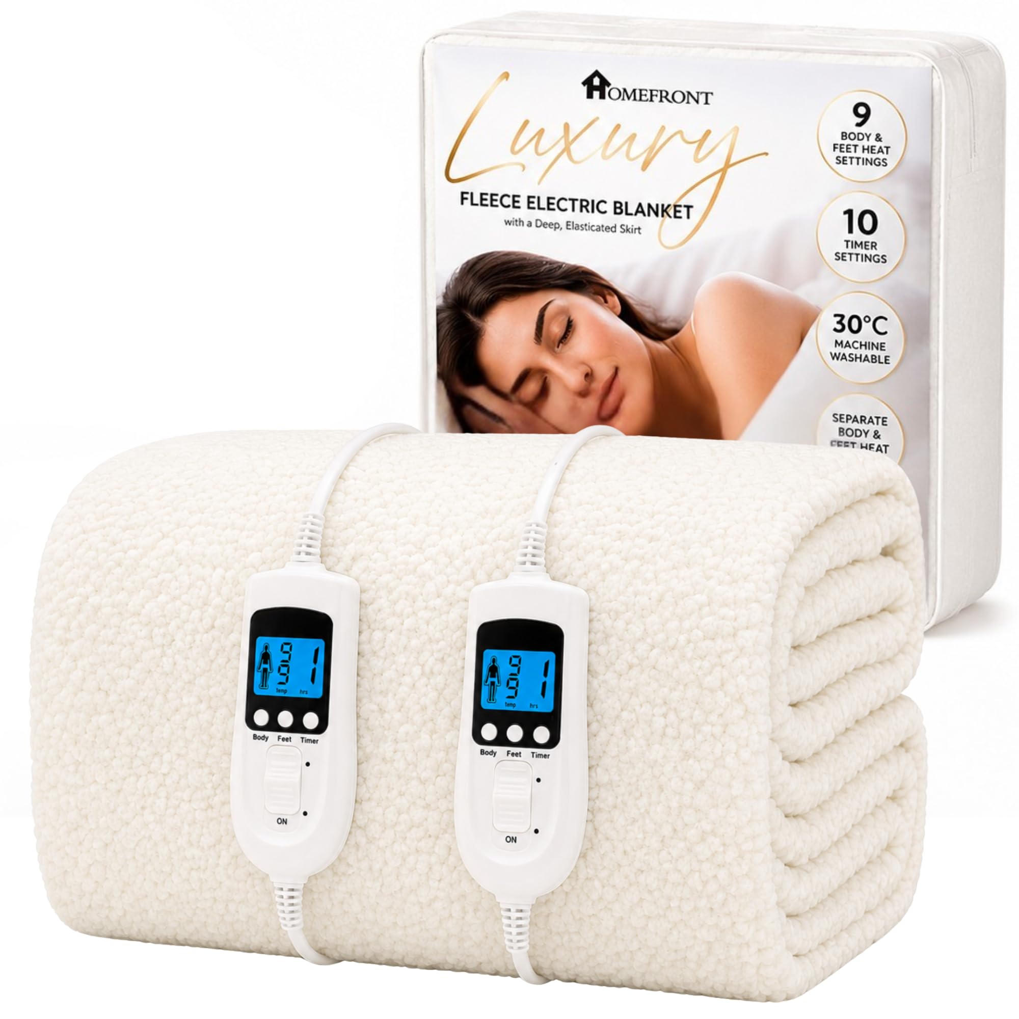Homefront Electric Blanket King Size Bed Dual Control 152x203x40cm, Fleece Fitted Heated Mattress Cover Underblanket with Skirt, Overheat Protection, Body and Feet, Fast Heat, Machine Washable