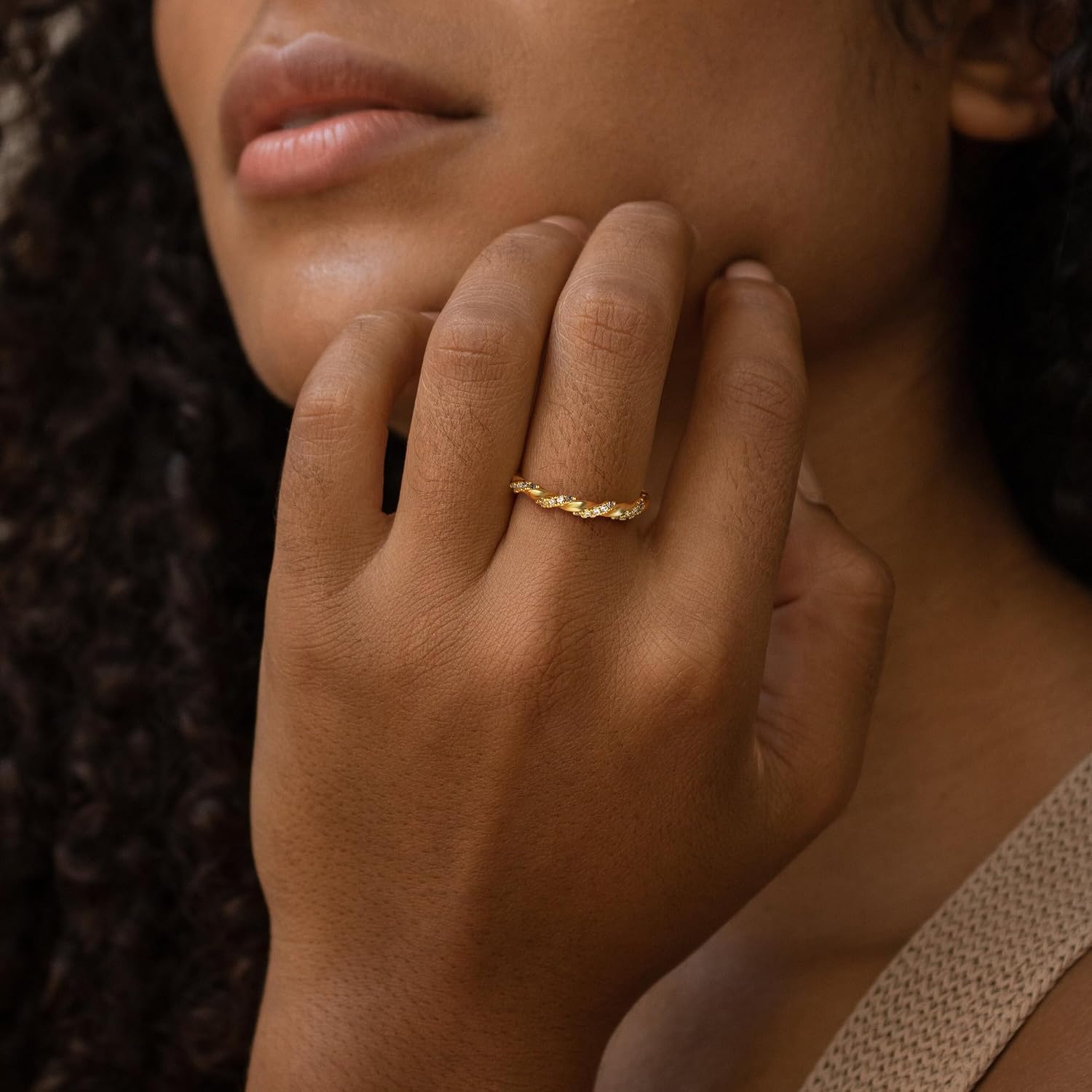 Gold Rings for Women, 14K Gold Plated Cubic Zircon Twisted Rope Eternity Rings Wedding Bands Jewelry Gifts for Women