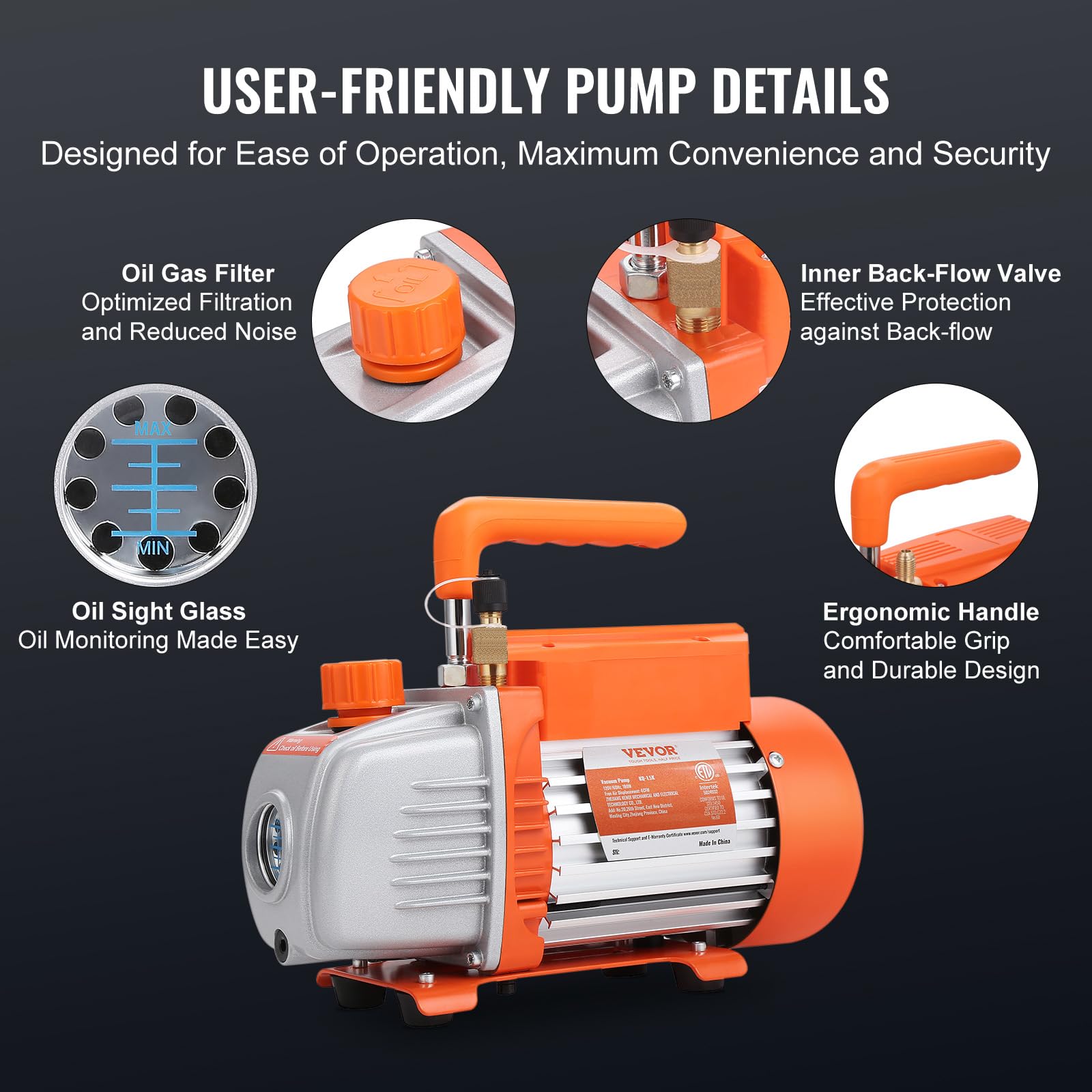 VEVOR Vakuumpumpe 4CFM 113L/min Unterdruckpumpe A2L-explosionsgeschützt 180W AC 220V/50HZ 1440U/min 55-276bar 200ml-Ölkapazität HVAC-Vakuumgeräte Verteiler-Manometer-Set Klimaanlage Kfz-Kühlsystemen