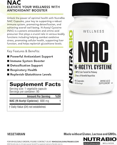 Miniatura 8 de NutraBio Suplemento de N-acetil cisteína (NAC) - 90 cápsulas, 600 mg cada una - Potente antioxidante - Apoyo inmunológico - Aumenta el glutatión