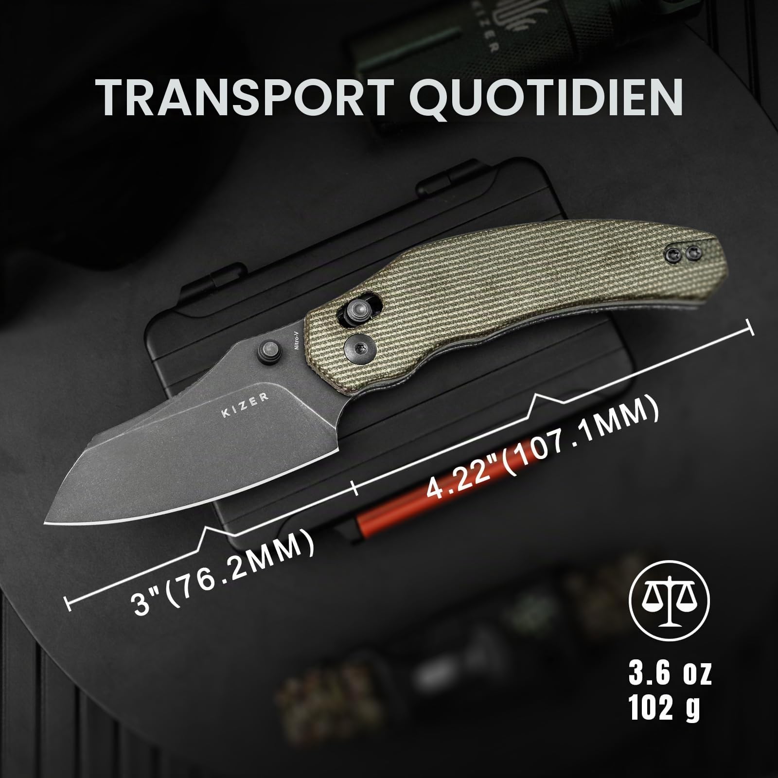 Kizer Bulldog Couteau de Poche, Couteaux Pliable à Lame Nitro V de 7,62cm Manche en Micarta, Couteau de Camping et de Randonnée avec Clip Réversible, Non-automatique, Petits Couteaux EDC V3672A3