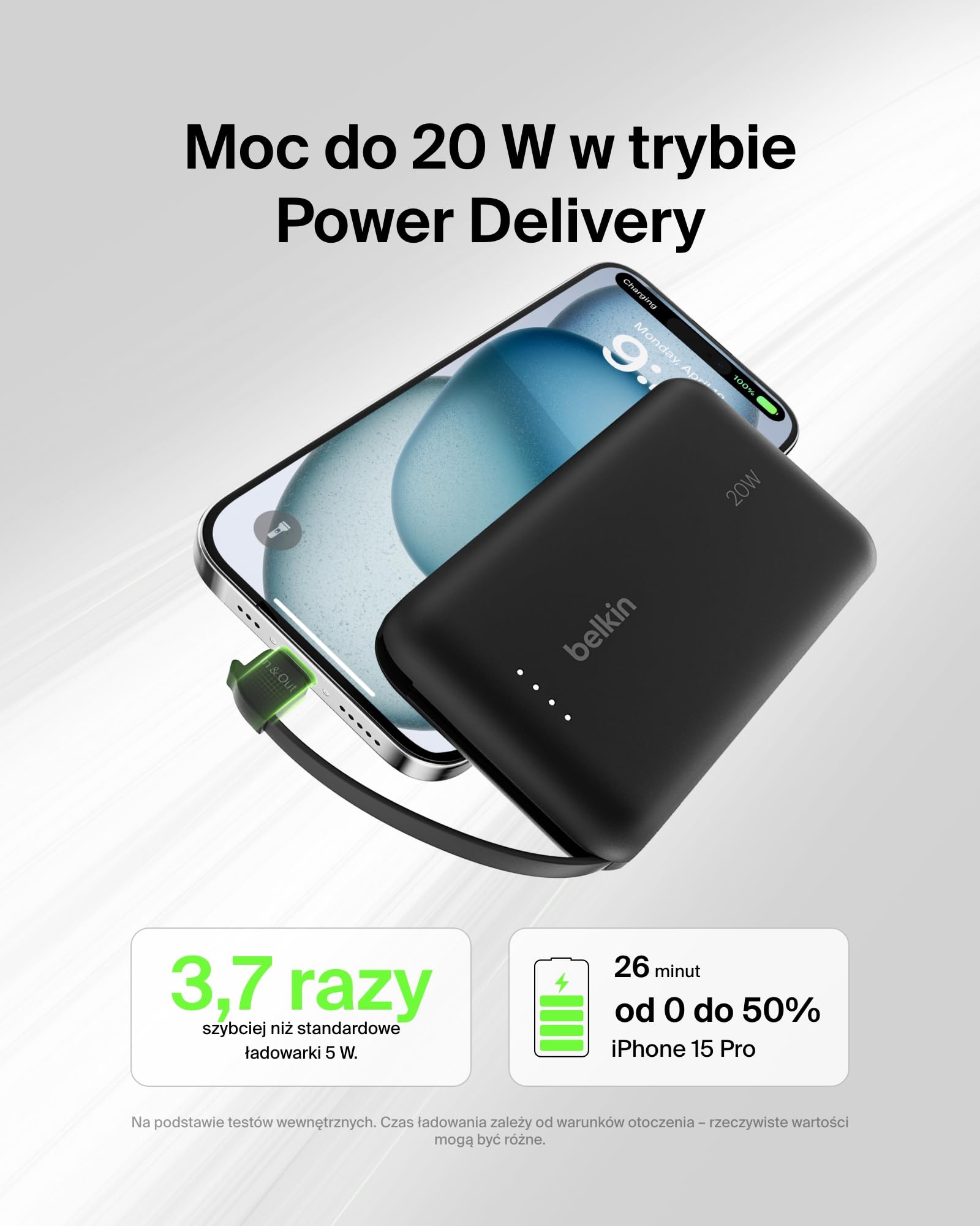 Belkin BoostCharge powerbank, przenośny powerbank 10 000 mAh PD 20 W ze zintegrowanym kablem – szybkie ładowanie USB-C Power Delivery dla urządzeń iPhone serii 16, iPad Pro, Galaxy S24 i innych