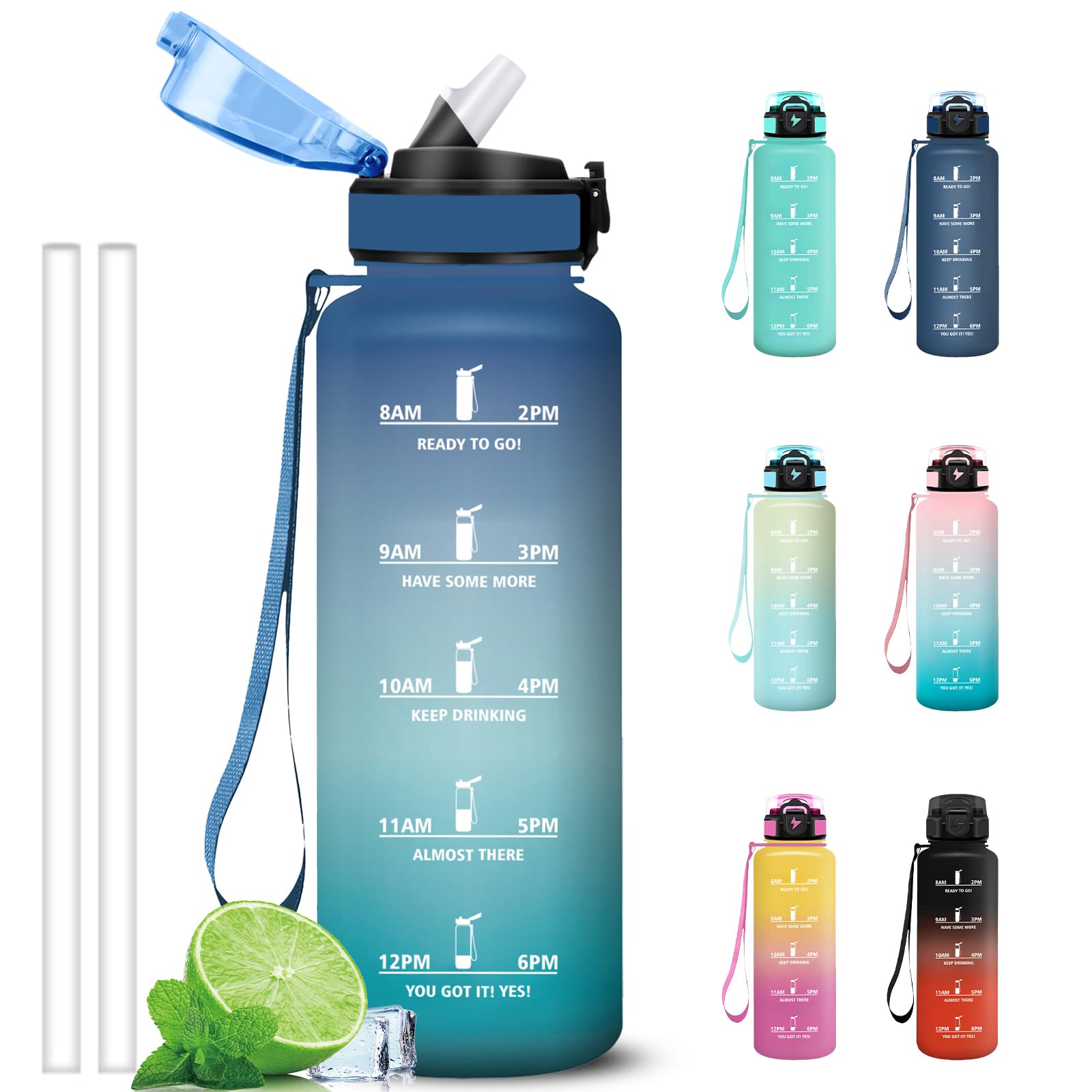 Grsta 1.5 Litre Water Bottle Gym Water Bottle with Straw, Graduated Water Bottles, Easy to Clean, Motivational Time Indicator Bottle for Sports, Outdoor, Trekking - 2