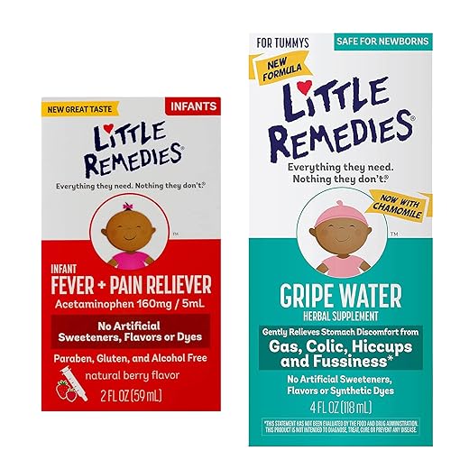 Little Remedies Infant Fever & Pain Reliever | Natural Berry Flavor | 2 FL OZ w/Little Remedies Fast Acting Gripe Water | Safe for Newborns | 4 FL OZ