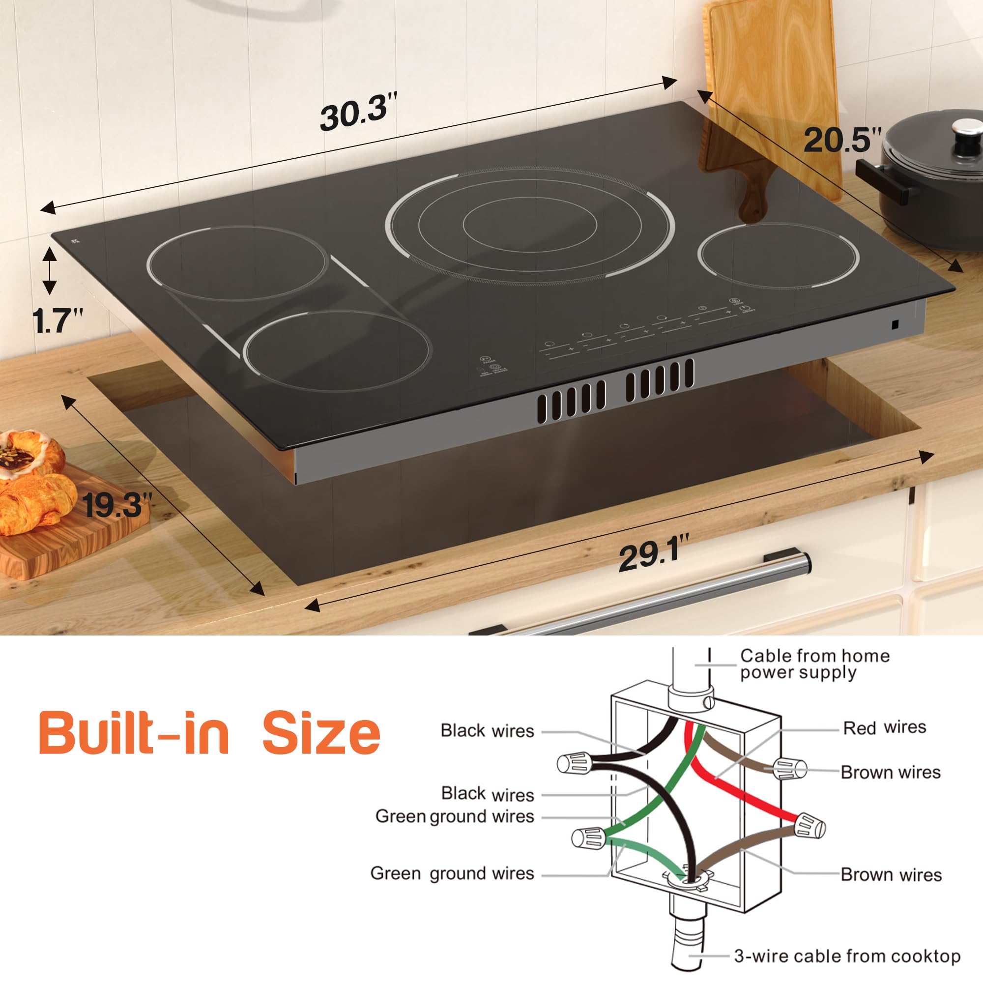 Cocina eléctrica de 30 pulgadas, 4 quemadores de cerámica incorporados, 7800 W, estufa eléctrica con quemador de barbacoa, control táctil, temporizador, bloqueo de seguridad infantil, función