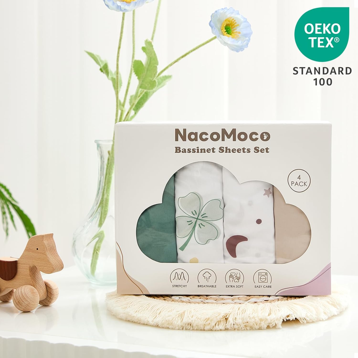 4 Pack Bassinet Sheets - 35"x20" Bedside Bassinet Sheets for Newton, Ezebaby, Angelbliss, AMKE(3 in 1) & Other Large Bedside Sleeper | Ultra Soft & Skin Friendly Bassinet Fitted Sheets for Boys Girls - Image 6