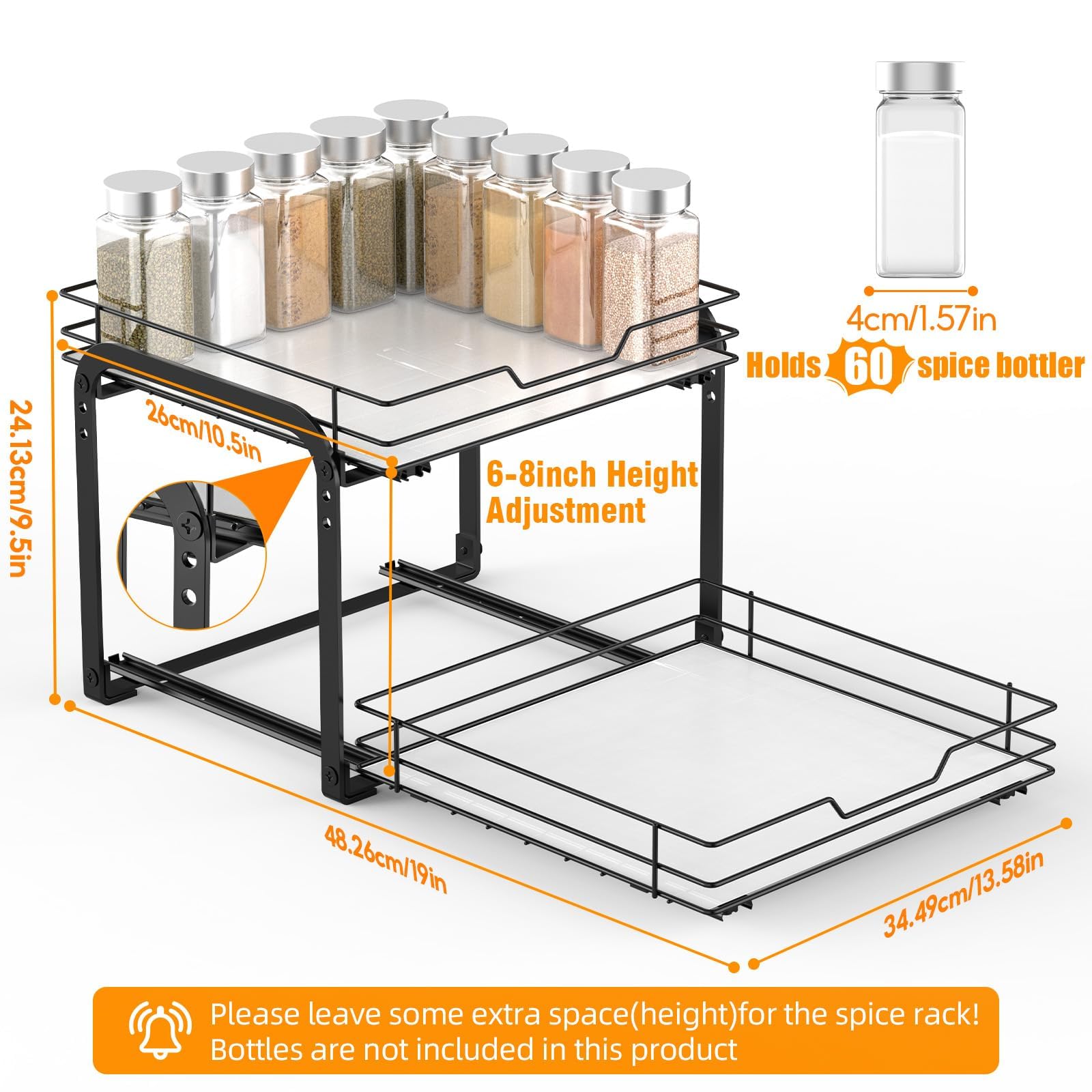 Étagère à épices extensible à 2 étages - Hauteur réglable - Étagère à épices debout - Extensible - Avec autocollant - Pour armoire, cuisine, plan de travail - L 26 x l 34,5 x H 23 cm