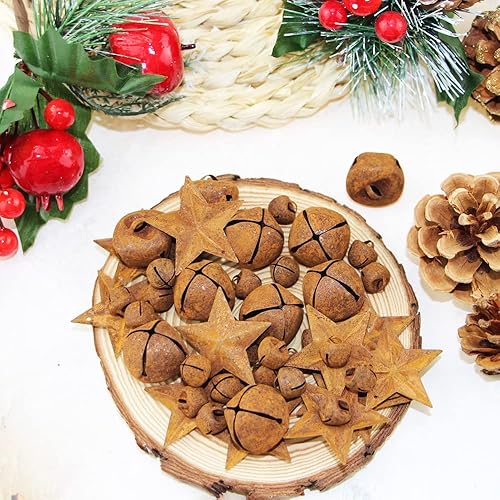 Miniatura 2 de Kit de cascabeles de metal oxidado, incluye 75 campanas oxidadas vintage de tamaño mixto, 20 estrellas de metal rústico y cinta de cuerda de yute