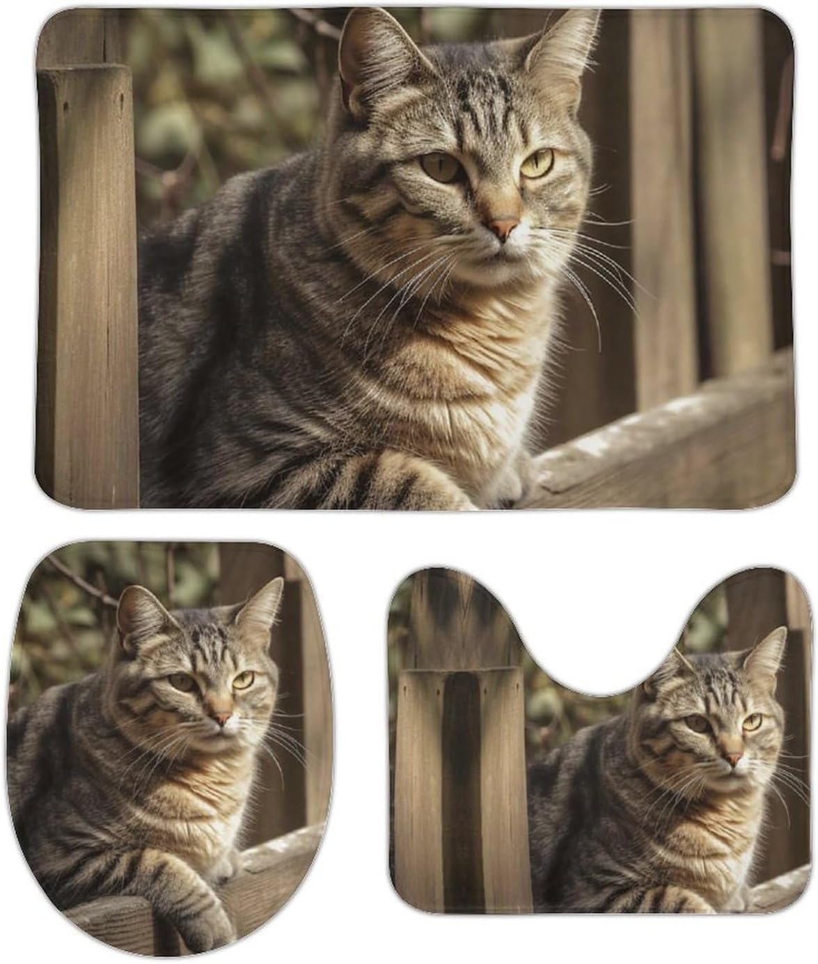 Anti-Skid Floor Mats 3 Piece Set,Cat on Wooden Fence Printed Coral Fleece Bathroom Mats U-Shaped Contour Mat Toilet Seat Cover for Bathroom, Tub, Shower, Kitchen 19.7"x31.5"