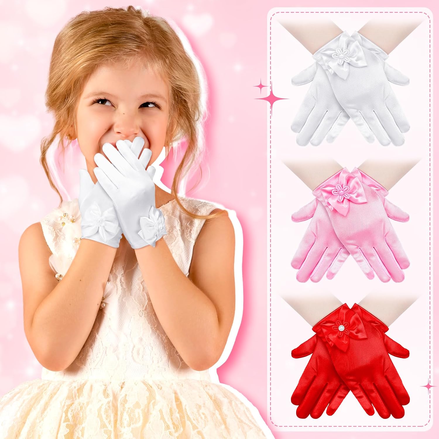 Bencailor 3 Pieces Girls Satin Gloves Tea Party Little Girls Princess Dressing Gloves for Wedding First Communion Cosplay(Bow Dress Style, White, Red, Pink)