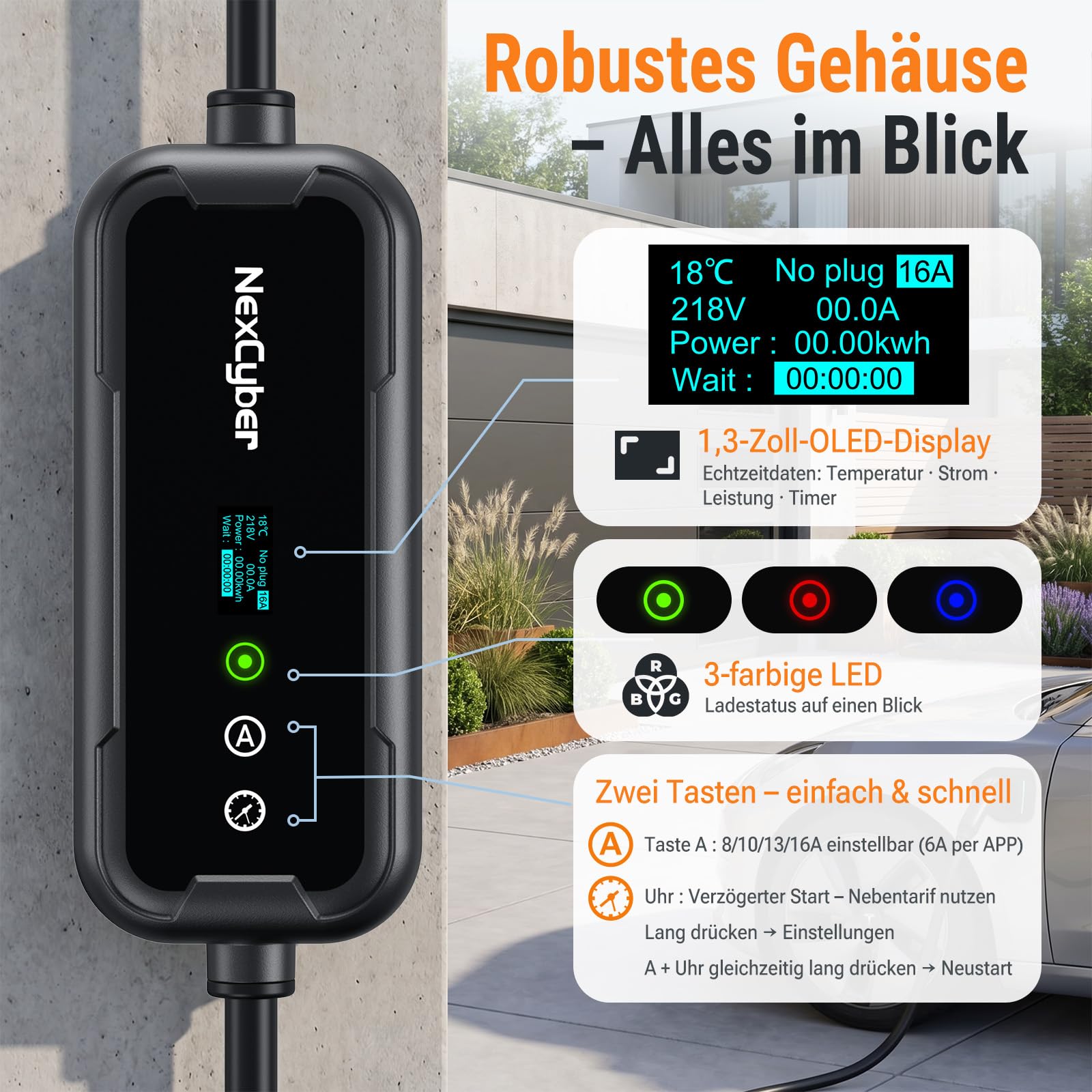 Mobile Wallbox 11kW mit App & OLED, 7,6m 3-phasig, 400V 8-16A einst., CEE-Stecker IP66+FI-Schutz, Ladegerät Typ 2 mit Schuko-Adapter, Wandmontage & tragbar, für Model 3/Y, ID.3, u.a. BEV/PHEV