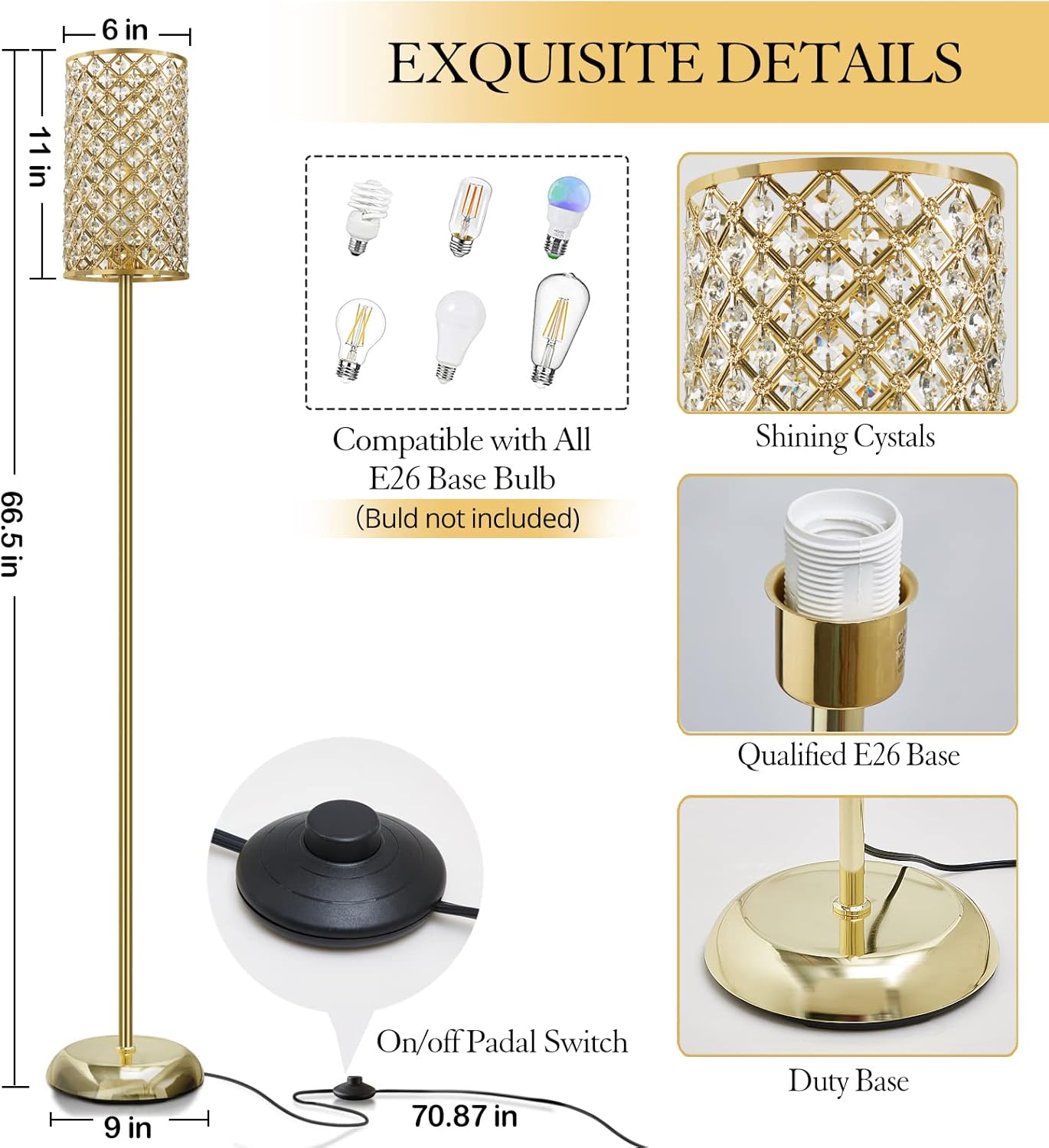 GyroVu Tables Lamp and Floor Lamp Set, Gold Crystal Touch Table Lamp with USB Ports+Crystal Standing Lamp, Morden Lamps for Living Room, Bedroom, Office