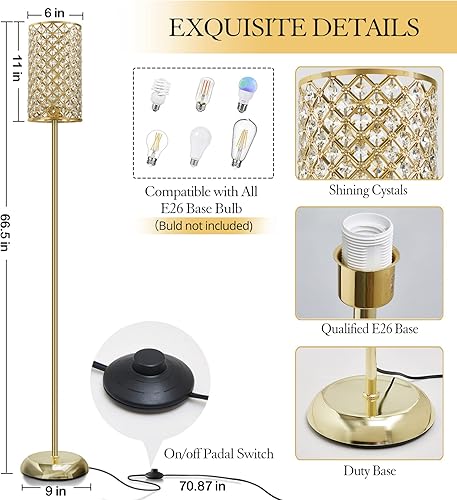 Miniatura 2 de RAYINIGHT Lámpara de pie dorada, elegante lámpara de pie de cristal moderna con interruptor de pie de encendidoapagado, iluminación de poste alto