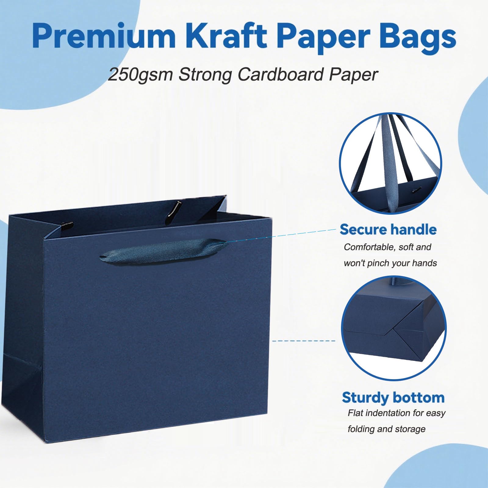 MULIANBOX Navy Blue Gift Bag 12 Pack, 8.7x3.9x7.1inch Gift Wrap Bags with Ribbon Handles, Reusable Heavy Duty Kraft Paper Bags Bulk for Shopping, Wedding, Party, Gift, Retail