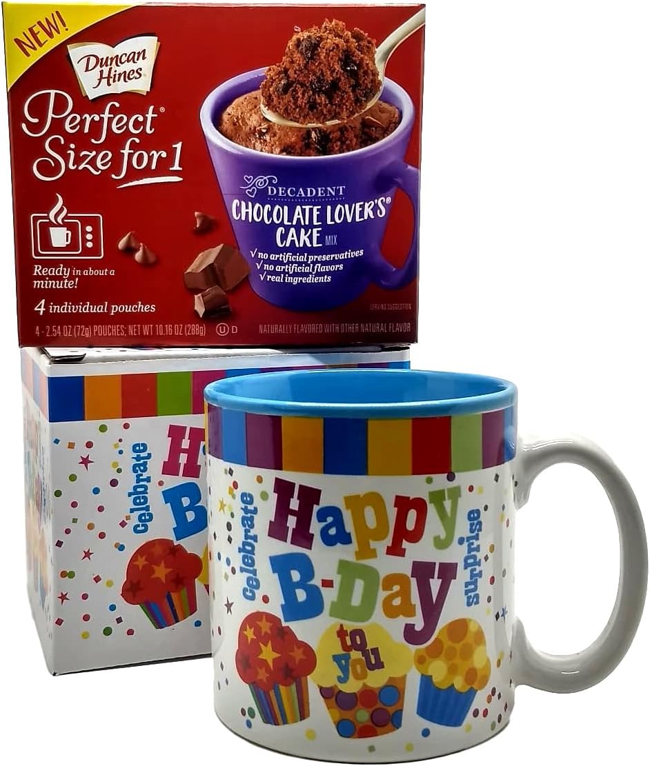 Happy Birthday Mug In Gift Box with 4 Mug Cake Mix Pouches Bundle (Chocolate Lover)