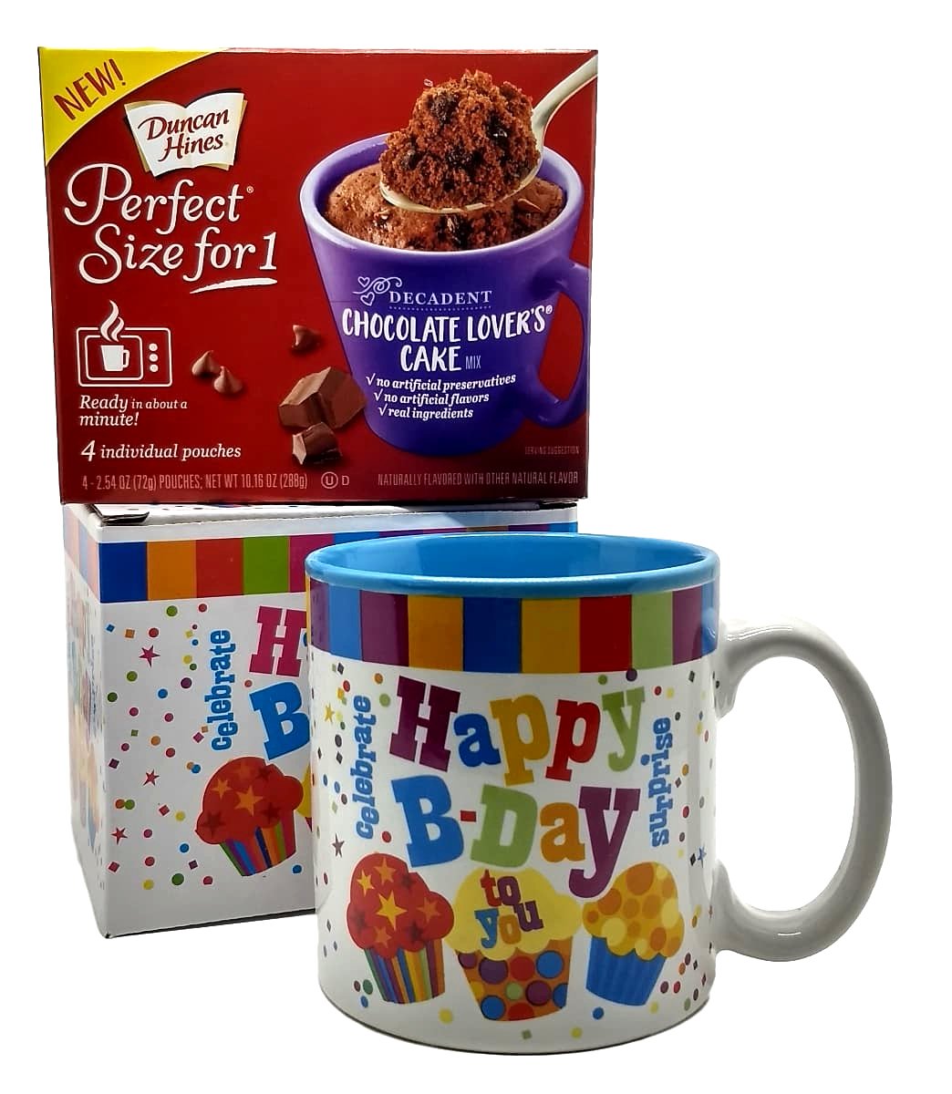 Happy Birthday Mug In Gift Box with 4 Mug Cake Mix Pouches Bundle (Chocolate Lover)