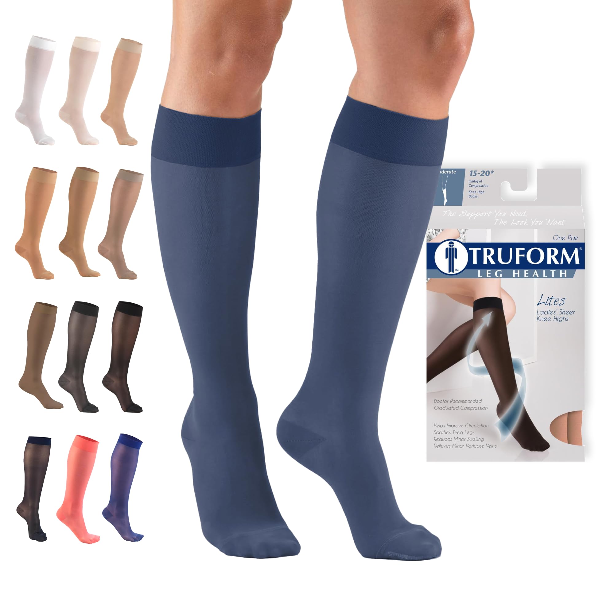 Truform Sheer Compression Stockings, 15-20 mmHg, Women's Knee High Length, 20 Denier, Blue, X-Large