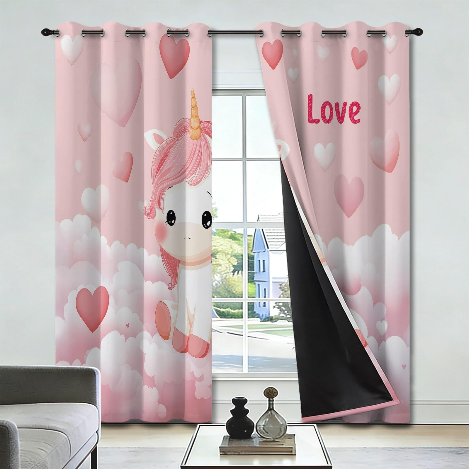 Rideau Occultant Thermiques Anti Froid Licorne Dessin Animé Nuages Cœur, 117 x 229 cm(LxH), Rideau Isolant Anti-Bruit, Économie d'Énergie, Idéal pour Chambre d'Enfant Jardin d'Enfants, Rose, 2 Pièces