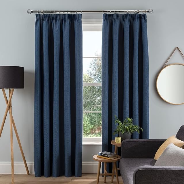 Sleepdown Textured Rib Weave Pencil Pleat Blackout Lined Curtains Thermal Insulated for Bedroom and Living Room 46 x 54 Inch Navy 2 Panels