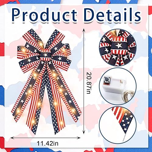 Miniatura 9 de Hying Arcos LED para corona del 4 de julio, lazos de corona patrióticos LED, lazos de arpillera rojo y azul, lazo de banderas estadounidenses con
