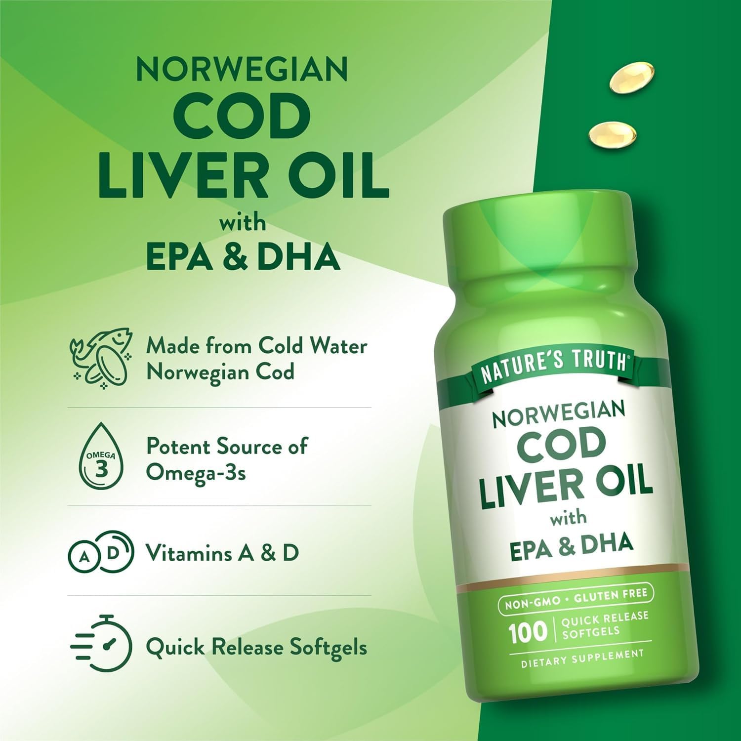 Nature's Truth Norwegian Cod Liver Oil Dietary Supplement - 100 Softgels, Pack of 6