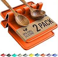 Vista 1 de Cooler Kitchen Soporte de cuchara de silicona naranja para estufa con almohadilla de goteo (paquete de dos) – Resistente al calor sin BPA Soporte