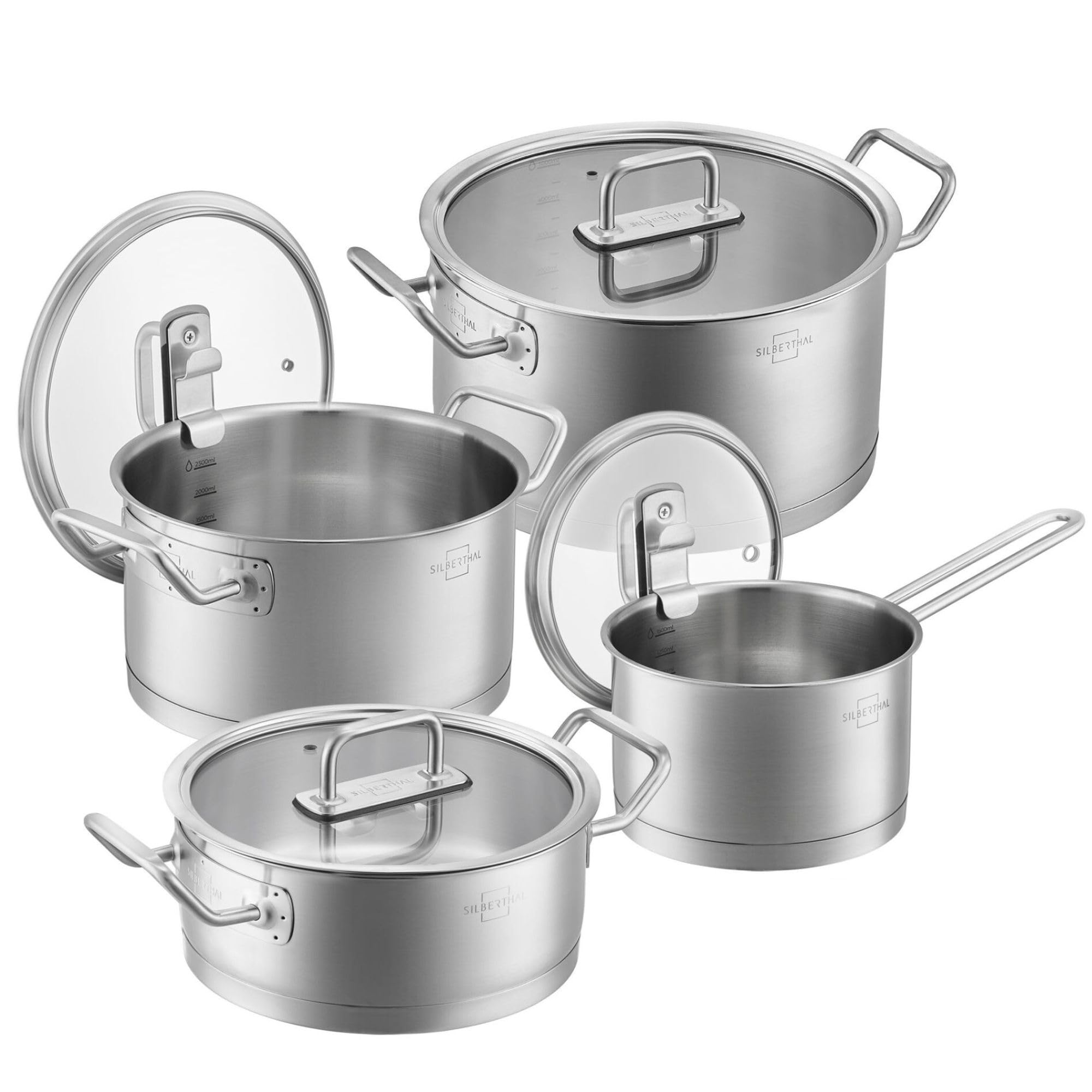 SILBERTHAL Edelstahl Topfset 4-teilig | Kochtopf 2,5l, 3,5l, 5l & 5,8l im Set für alle Herdarten inkl. Induktion & Ofenfest - Töpfe mit Glasdeckel
