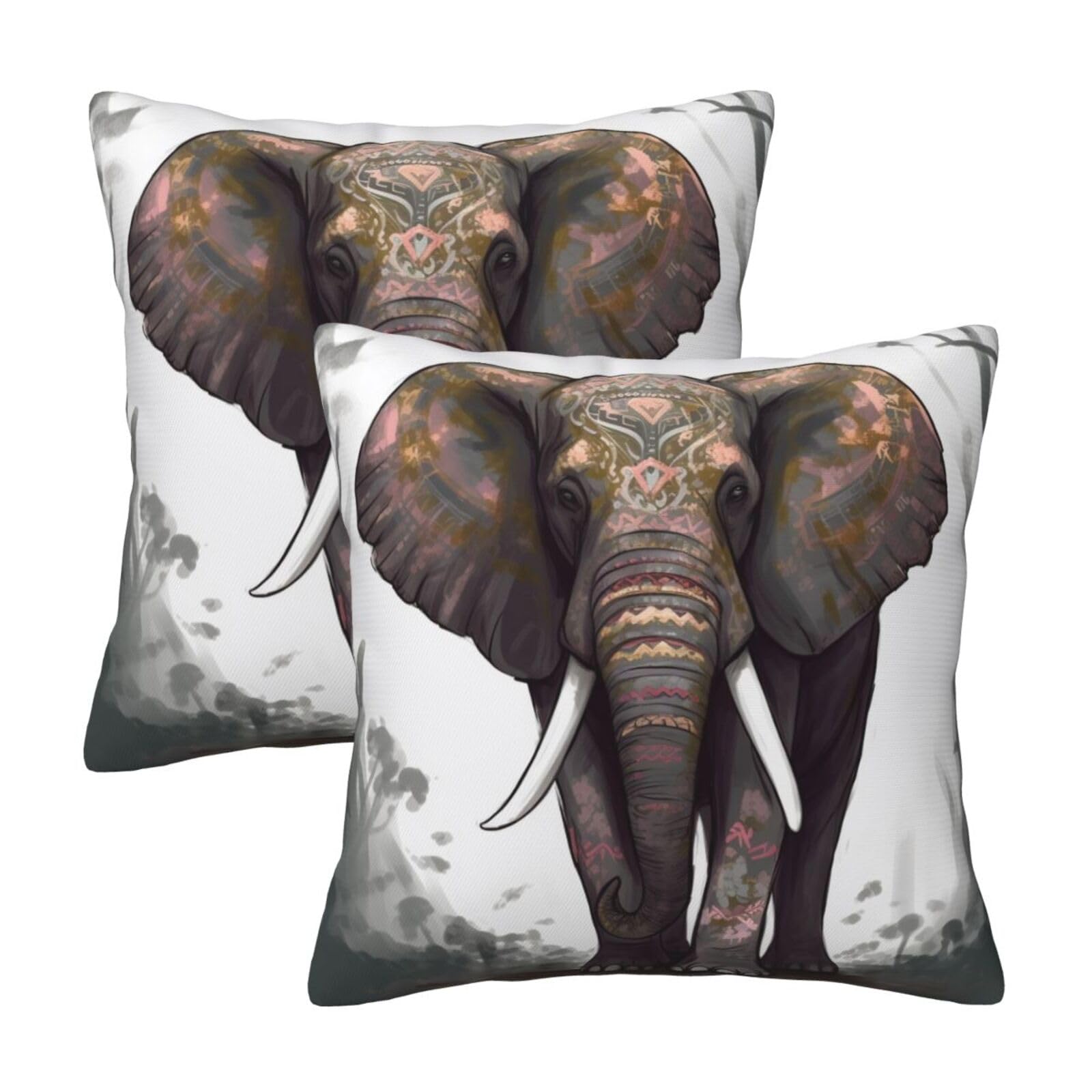Elephant print Throw Pillow Cases 2 Pack Square Pillowcases Soft Pillow Protectors for Couch Livingroom Sofa Bed Office Car,30x30 CM