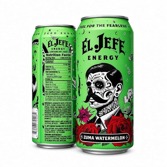 EL JEFE Energy Drink, Zuma Watermelon, Zero Sugar, 16 fl oz Cans, 12-Pack