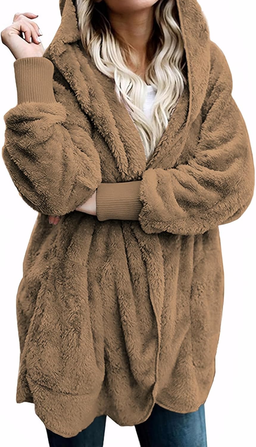 Zilcremo Women Hooded Cardigan Fuzzy Jacket Winter Open Front Fleece Coat Outwear with Pockets